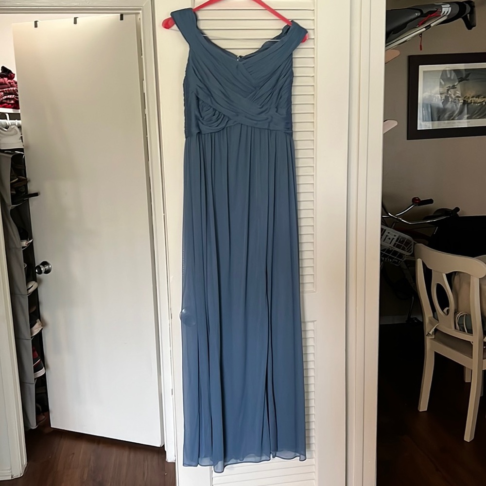 CRISSCROSS OFF-THE-SHOULDER MESH BRIDESMAID DRESS